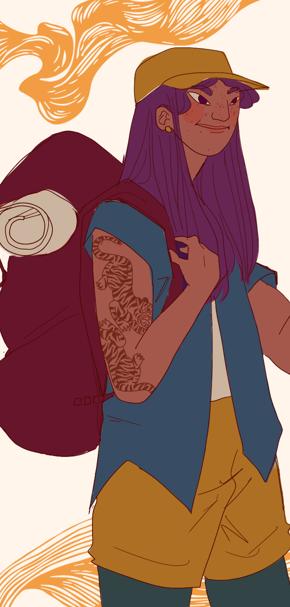 Viaggiatrice con capelli viola, braccio tatuato e zaino in spalla.
