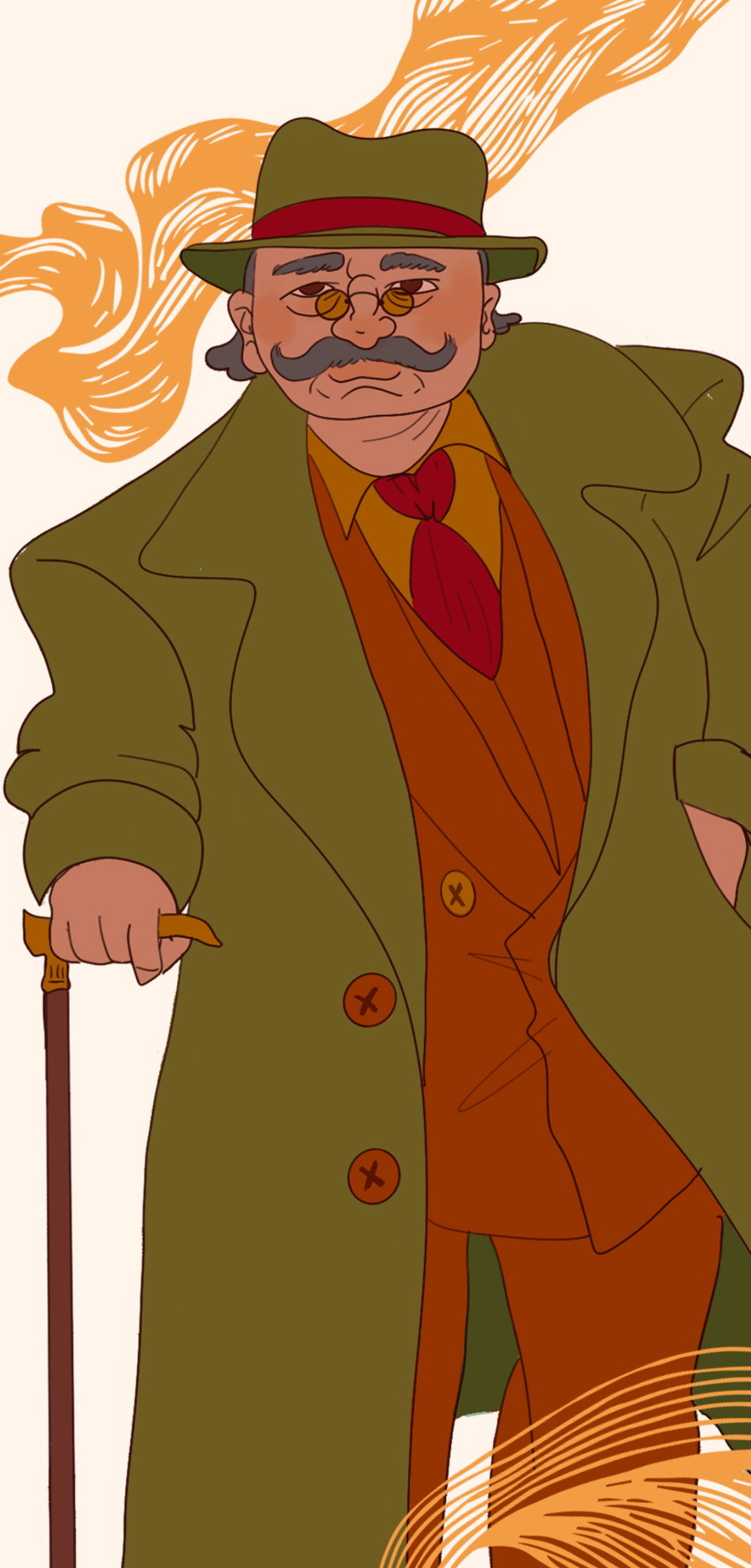 Un uomo di età alta con i baffi, gli occhiali e un cappello, si sorregge con un bastone.